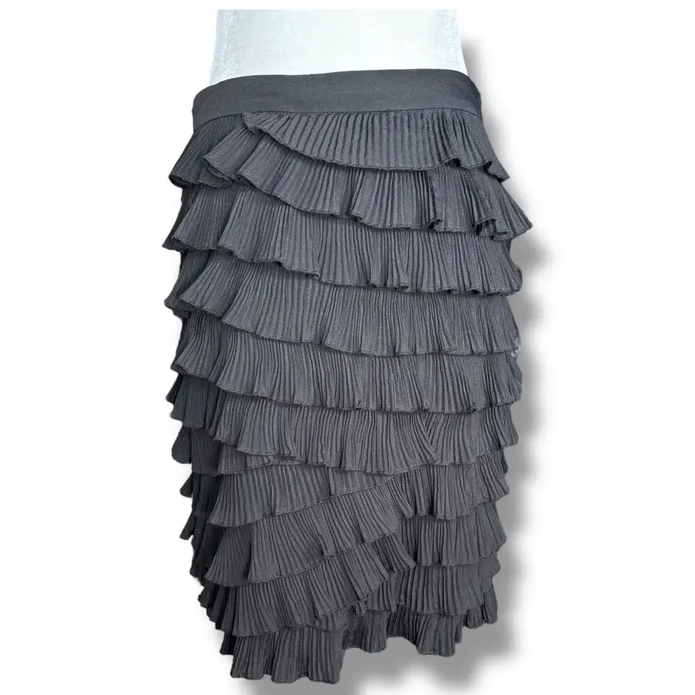 Gracia Black Asymmetrical‎ Tiered Pleated Ruffle Skirt Medium Layered Flouncy